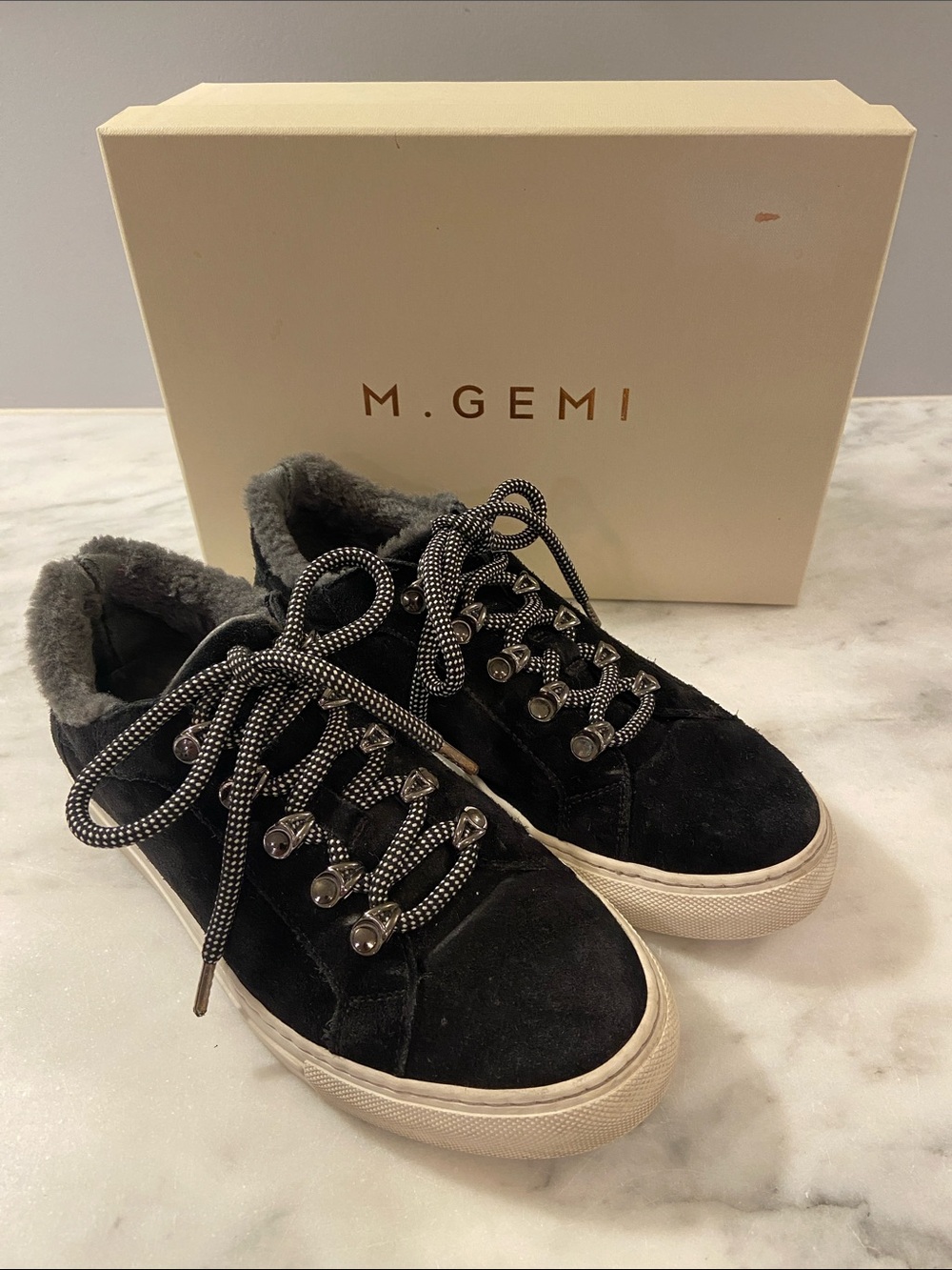 M. Gemi Black Suede Sneakers with Gray Shearling Lining